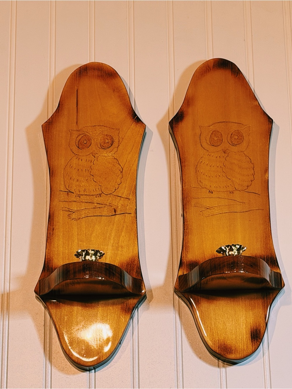 Beautiful Vintage Handcrafted OWL Wooden Wall Candle Holder Sconce